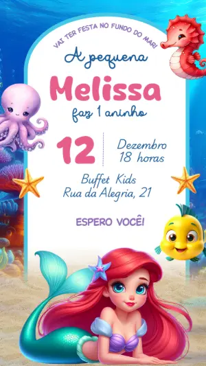 Convite Aniversário Pequena Sereia para Editar Online