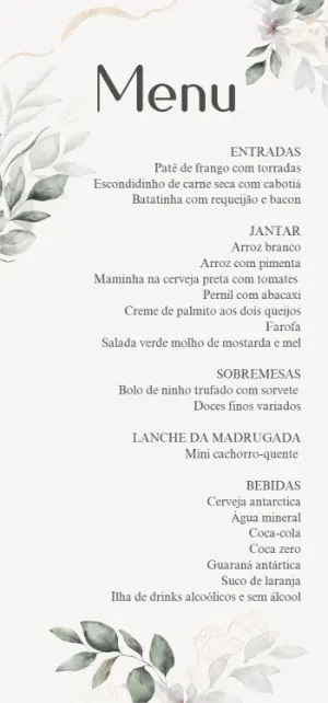 Menu Casamento Folhagem Delicada para Editar e Imprimir