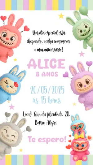 Convite de Aniversário Labubu com Monstrinhos para Editar