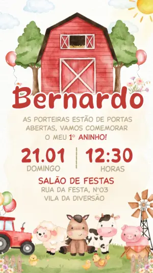 Convite de Aniversário Fazendinha Aquarela Editável para Menino