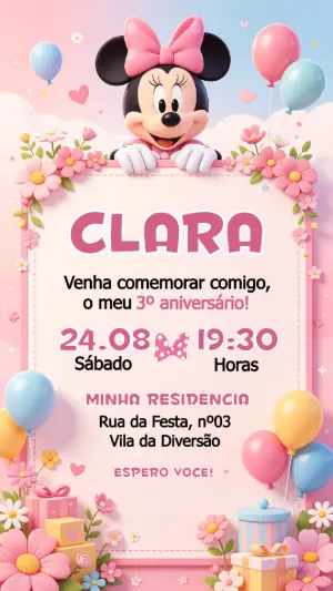 Convite de Aniversário Minnie Rosa Delicado para Editar
