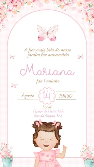 Convite de Aniversário Jardim das Borboletas Rosa Editável