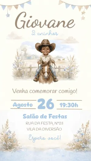Convite de Aniversário Cowboy Aquarela Editável