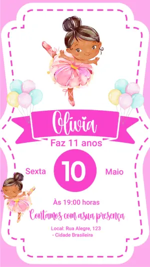 Convite Digital Editável de Aniversário Tema Bailarina