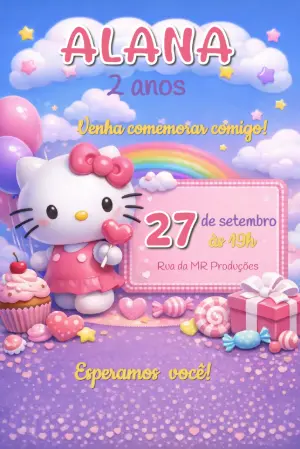 Convite de Aniversário Hello Kitty Rosa e Lilás Editável