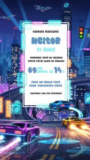 Convite Aniversário Corrida Neon com Carros para Editar Online