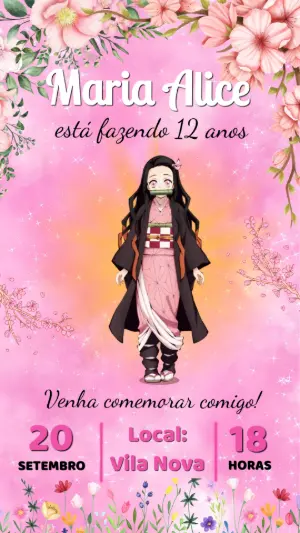 Convite de Aniversário Demon Slayer Nezuko Editável