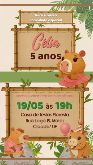 Convite de Aniversário Capivara Scrapbook Editável