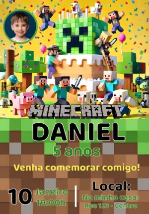 Convite de Aniversário Minecraft com Foto Editável