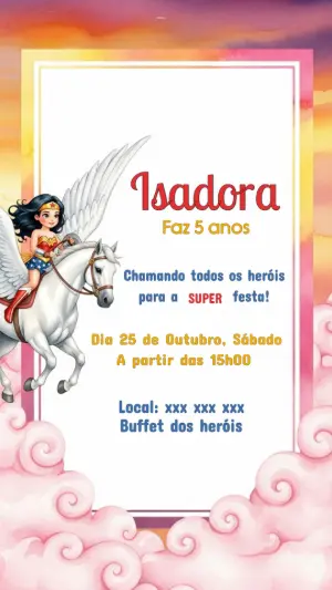 Convite Aniversário Mulher Maravilha Fofa para Editar Online