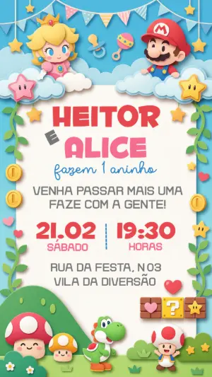 Convite de Aniversário Duplo Super Mario e Peach Baby Editável
