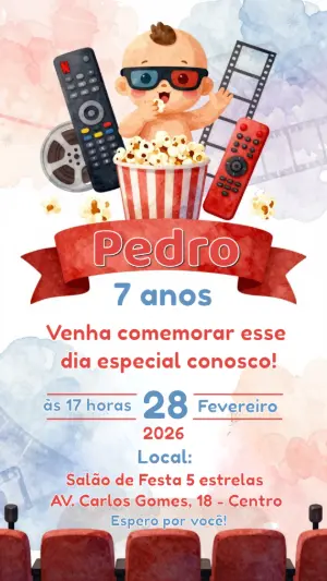 Convite de Aniversário Infantil Tema Cinema para Editar