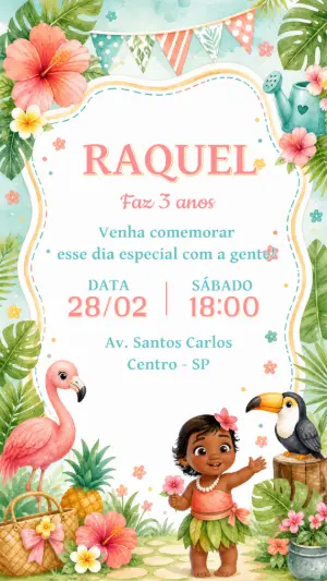 Convite de Aniversário Moana Baby Tropical Editável