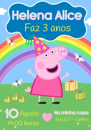 Convite Aniversário Peppa Pig com Arco-Íris para Editar