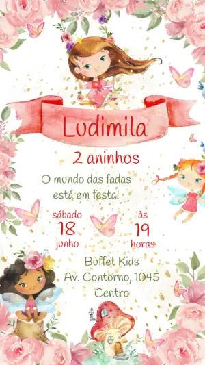Convite Animado Aniversário Jardim das Fadas para Editar Online
