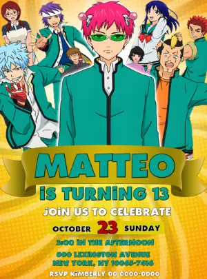 Saiki K. Anime Birthday Party Invitation | Editable Template