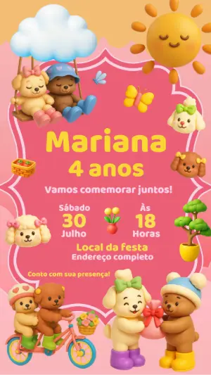 Convite Animado Aniversário com Ursinhos e Cães para Editar