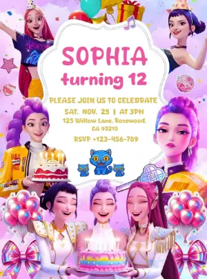 Demon Hunter K-pop Girl Birthday Invitation | Editable Template