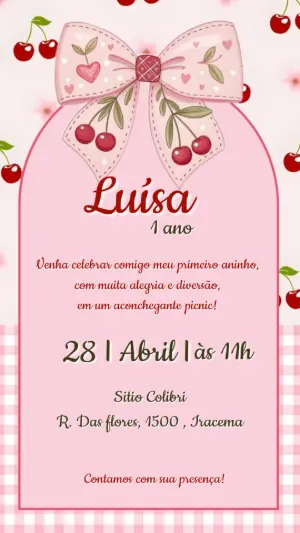 Convite de Aniversário Editável Tema Cerejinha para Piquenique