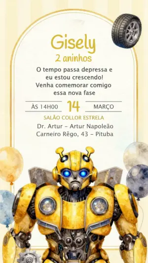 Convite de Aniversário Bumblebee Aquarela para Editar