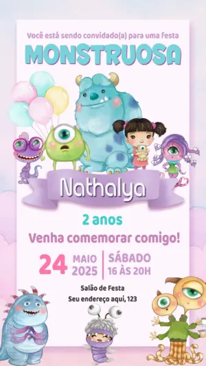 Convite Aniversário Monstros SA Candy Color para Editar Online