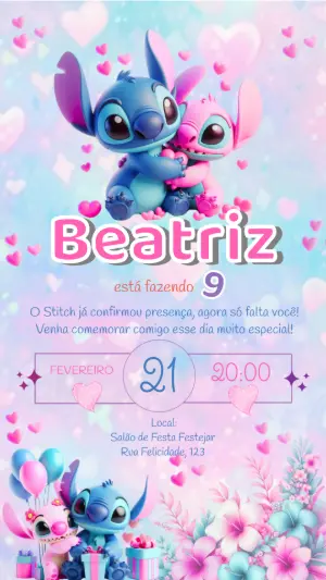 Convite Digital Aniversário Infantil Stitch e Angel Editável