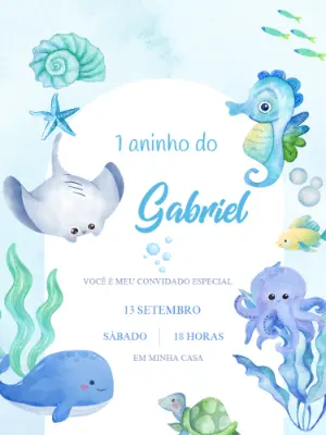 Convite de Aniversário Fundo do Mar Aquarela para Editar Online