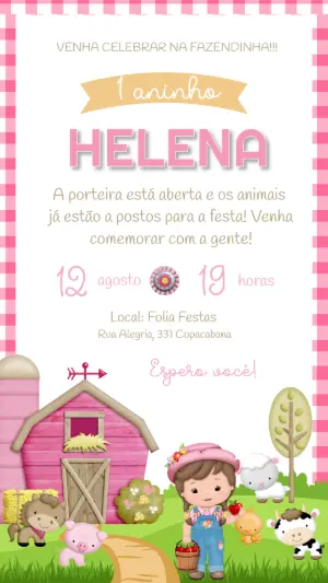Convite de Aniversário Fazendinha Rosa Editável para Menina