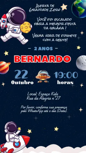 Convite de Aniversário Astronauta no Espaço | Modelo Editável
