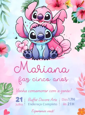 Convite de Aniversário Stitch e Angel Aquarela para Editar