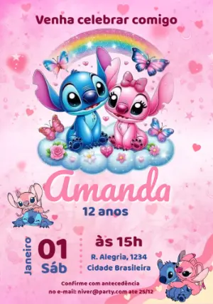 Convite Digital Editável Aniversário Stitch e Angel Rosa