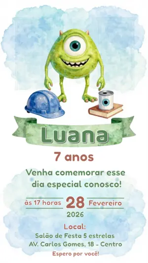 Convite Digital Infantil Monstros S.A. em Aquarela para Editar