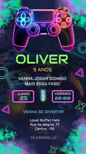 Convite Digital Aniversário Gamer Estilo Neon Editável