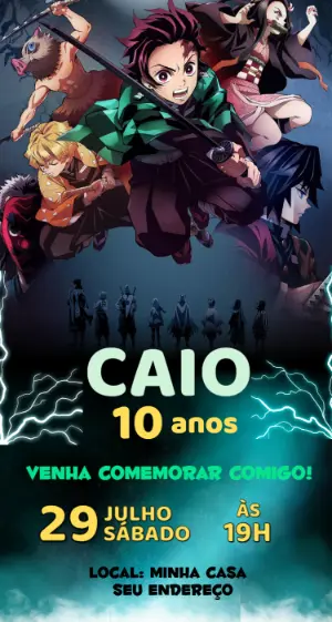 Convite de Aniversário Demon Slayer Editável
