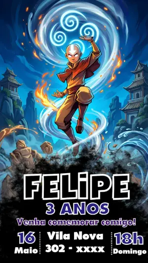 Convite de Aniversário Avatar: O Último Mestre do Ar Editável