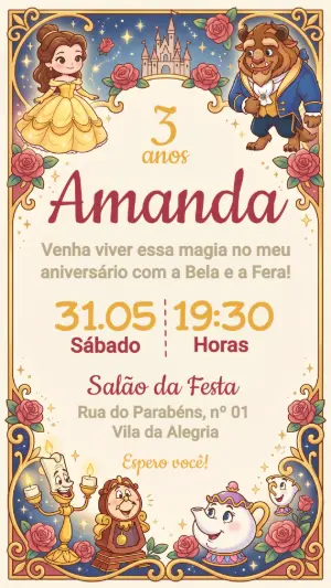 Convite de Aniversário A Bela e a Fera Infantil Editável