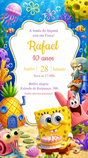 Convite de Aniversário Bob Esponja Fundo do Mar Editável