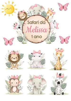 Topper de Bolo Aniversário Safari Menina para Editar e Imprimir