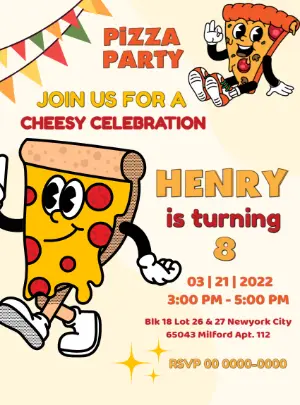 Pizza Party Birthday Invitation with Cartoon Characters to Edit Online