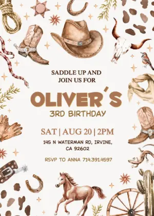 Cowboy Birthday Invitation with Watercolor Art - Editable Template