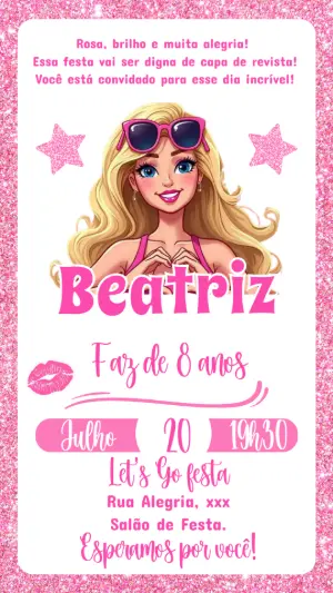 Convite de Aniversário Barbie Rosa para Editar Online