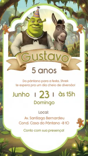 Convite de Aniversário Shrek no Pântano Modelo Editável