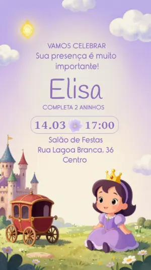 Convite de Aniversário Princesa Roxo Infantil para Editar