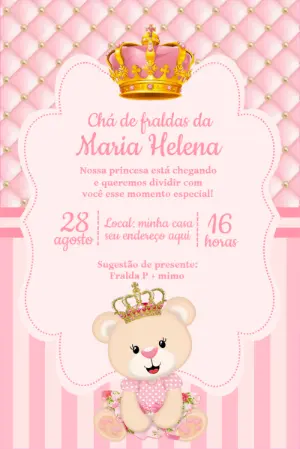 Convite Chá de Fraldas Ursinha Princesa para Editar Online