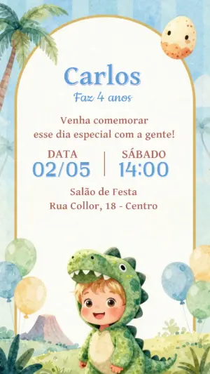 Convite de Aniversário Dinossauro Fofo em Aquarela para Editar