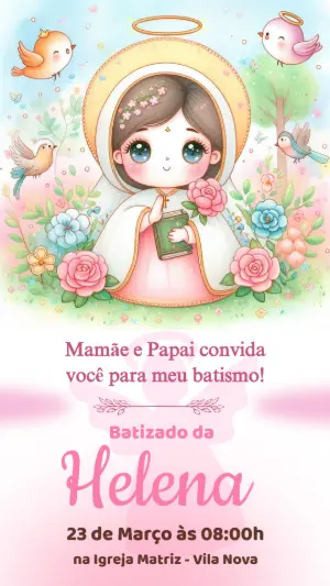 Convite Digital de Batizado Menina Santinha Fofa para Editar