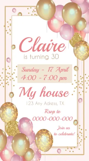 Editable 30th Birthday Invitation with Pink & Gold Balloons