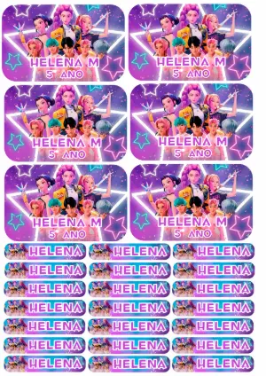 Etiqueta Escolar K-Pop Roxo Neon com Estrelas para Editar e Imprimir