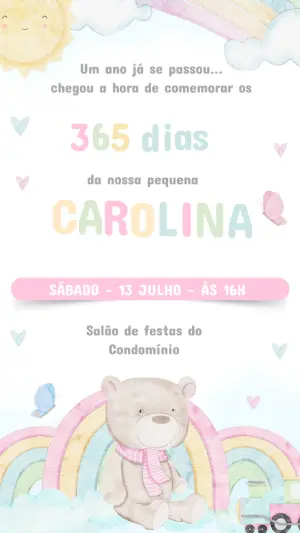 Convite de Aniversário 1 Ano Ursinho e Arco-íris Editável