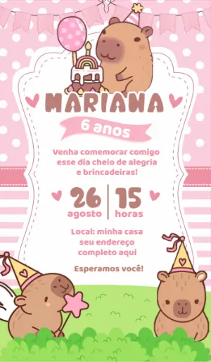 Convite de Aniversário Capivara Fofa para Editar Online